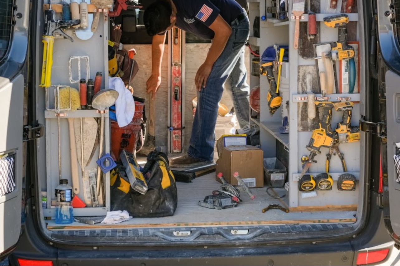 Interior look of portable equipment tools inside the truck